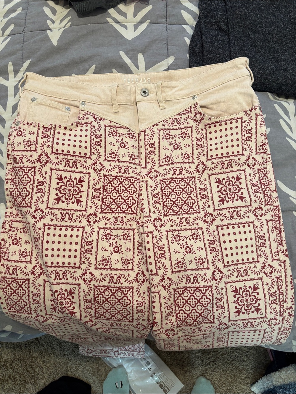 Tecovas Cream Jeans with Red Bandana Tile Print